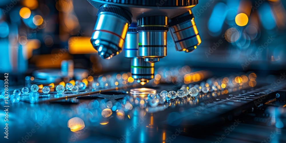 Poster futuristic microscope analyzing glowing nanostructures in a high-tech laboratory
