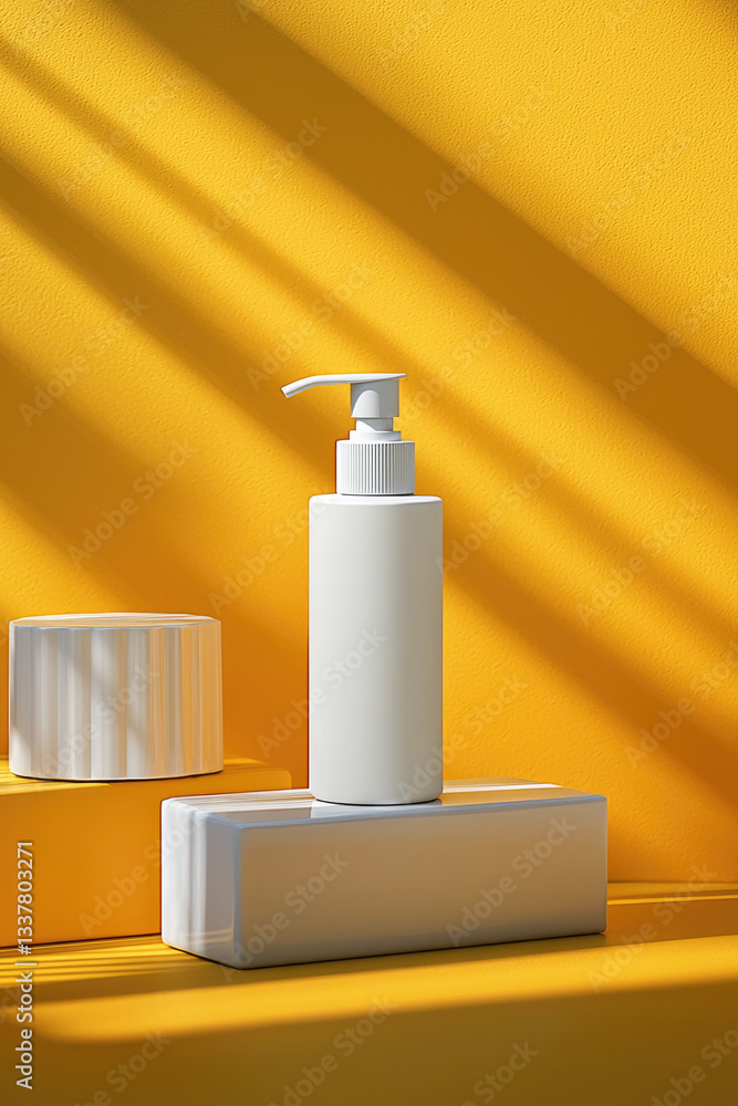 Poster minimalist white bottle and container are elegantly displayed against vibrant yellow background, cas