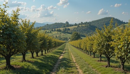 Naklejka premium Lush Scenic Orchard with Green Trees and Rolling Hills in Daylight