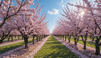 Naklejka premium Breathtaking Cherry Blossom Trees Lined in a Sunlit Field