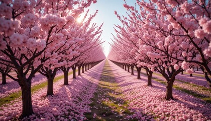 Fototapeta premium Serene Pathway Among Beautiful Cherry Blossom Trees in Spring