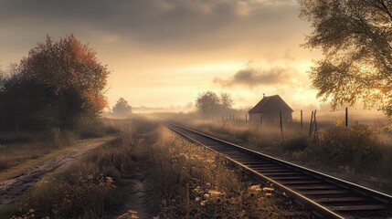 Fototapeta premium Sunrise Foggy Railroad Autumn Landscape