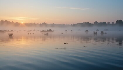 Fototapeta premium Tranquil Morning Landscape with Mist Over Calm Water Surface