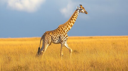 Obraz premium Giraffe walking through tall golden grass under a partly cloudy sky.