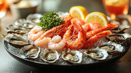 Fresh seafood platter featuring shrimp and oysters, garnished with lemon and herbs, perfect for delightful dining experience