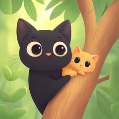 Playful cats in a whimsical forest digital art nature close-up enchanting companionship