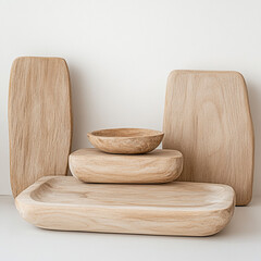 Crafting natural wooden serving platters artisan workshop product photography minimalist setting close-up eco-friendly design