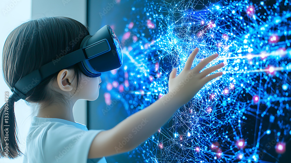 Aufkleber child engaging with virtual reality technology indoor setting digital interaction modern environment