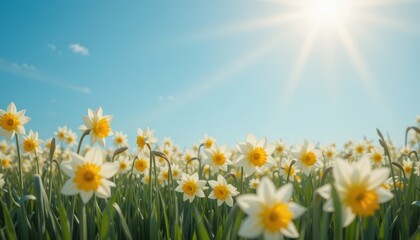Bright and Vibrant Field of Yellow Daffodils Under Blue Sky
