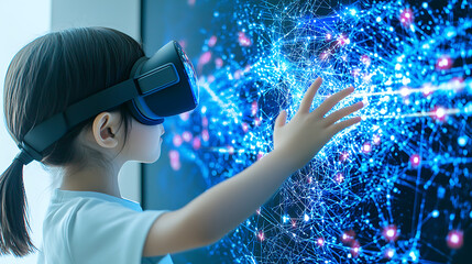 Child engaging with virtual reality technology indoor setting digital interaction modern environment side view exploration concept