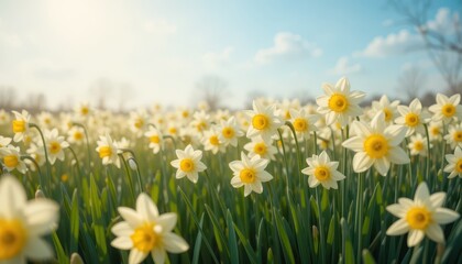 Beautiful White Daffodils Blooming in Spring Sunlight Landscape