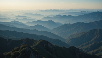 Fototapeta premium Serene Misty Mountain Landscape at Dawn with Layers of Peaks
