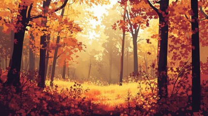 Serene Autumn Forest Path Golden Sunlight Filtering Through Colorful Trees