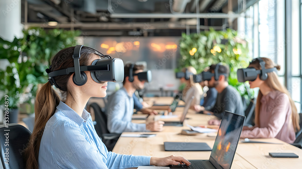 Aufkleber virtual reality training session office space digital learning modern environment side view innovati