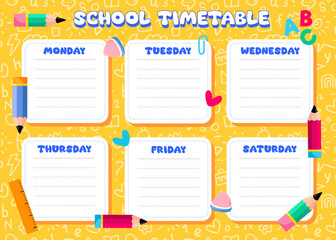 timetable school , planner , note paper, weekly schedule, organiser, with yellow seamless pattern background, template, vector