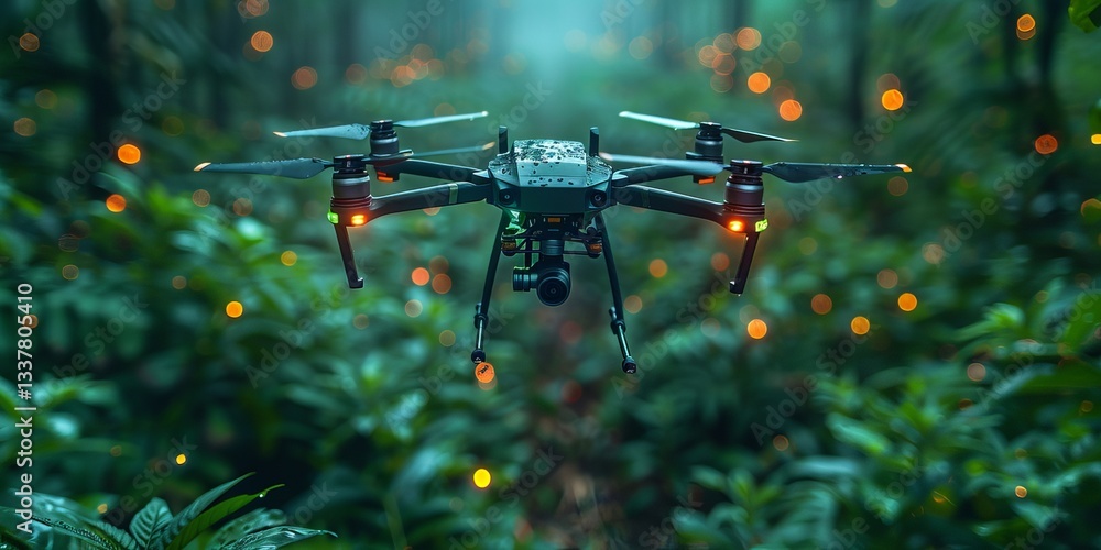 Poster advanced drone hovering in a lush jungle with glowing lights in the background