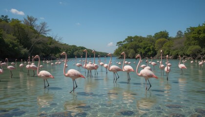 Obraz premium Group of Pink Flamingos Wading in Shallow Clear Water Landscape