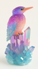 Obraz premium Purple and blue iridescent bird figurine perched atop a cluster of pastel crystals. Light, airy feel.