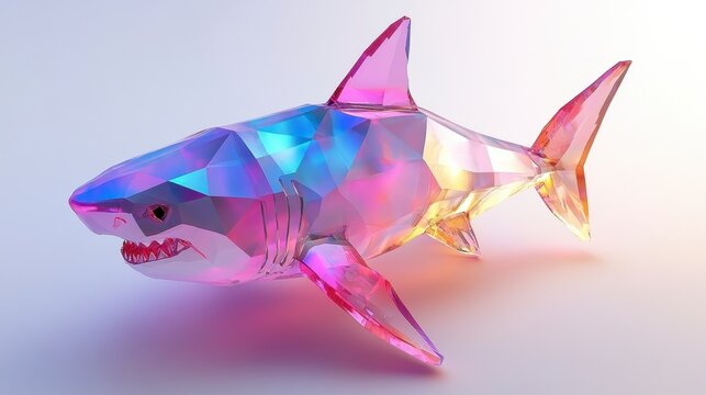 Low poly iridescent shark, pink, purple, and gold hues, white background, digital art, 3D render. - Powered by Adobe