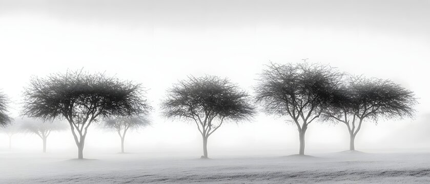 A serene and atmospheric scene featuring a row of silhouetted trees in a minimalist foggy winter landscape