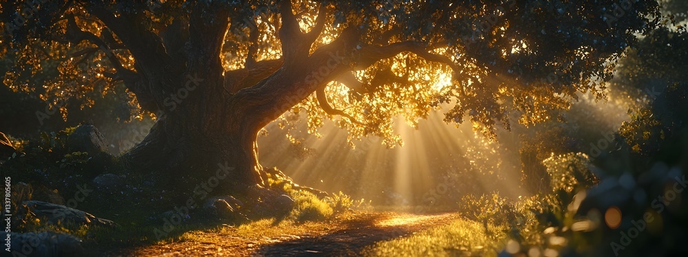 Poster A large imposing tree stands tall its branches casting a dramatic shadow over a peaceful path as the sun s golden rays filter through creating a captivating cinematic inspired scene