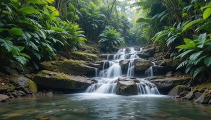 Serene Cascading Waterfalls in Lush Tropical Rainforest Setting