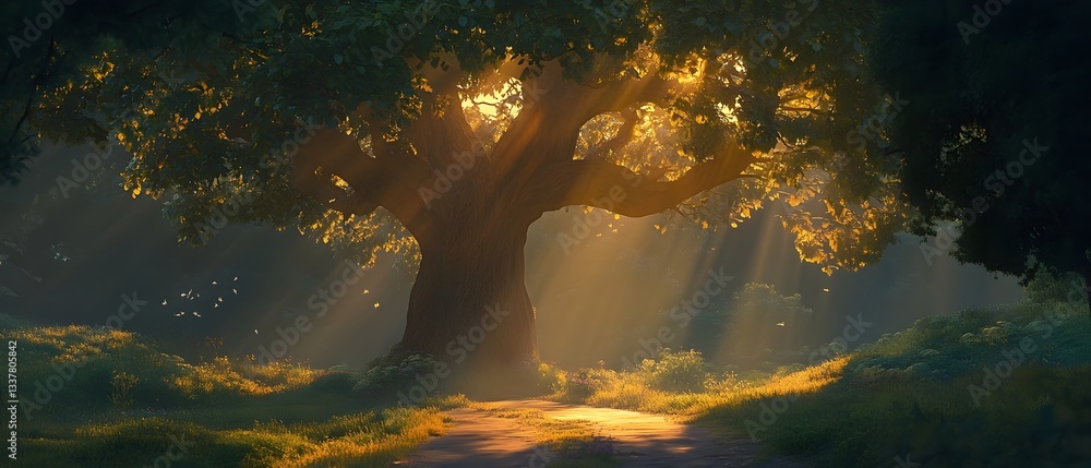 Poster a large ancient tree stands tall its silhouette accentuated by the warm golden rays of the setting s