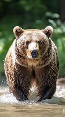 Fototapeta premium A large brown bear walks through shallow water towards the camera, water splashing around its paws. The bear is in focus, with a blurred green forest background. 