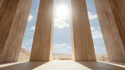 Exploring ancient architecture desert landscape digital art bright sunlight perspective view cultural significance