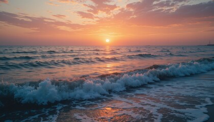 Obraz premium Serene Sunset Over Tranquil Ocean Waves at Dusk