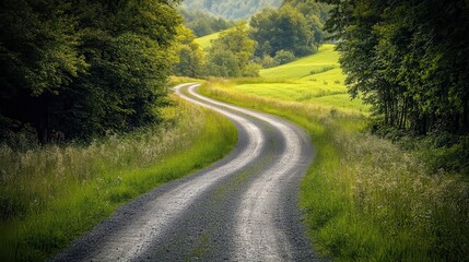 Winding country road, green hills, summer