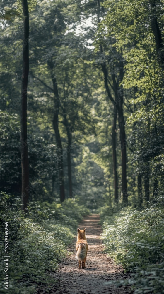 Poster a light brown dog walks down a trail in a lush green forest. sunlight filters through the trees, cre