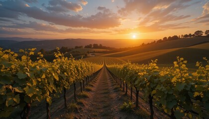 Naklejka premium Scenic Sunset Over Lush Vineyard Rows in Beautiful Landscape