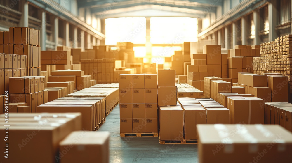 Poster efficiently organized corrugated boxes in spacious warehouse, illuminated by warm sunlight, create p