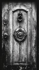 Fototapeta premium Old, weathered door with intricate knocker and keyhole, set against a rustic backdrop