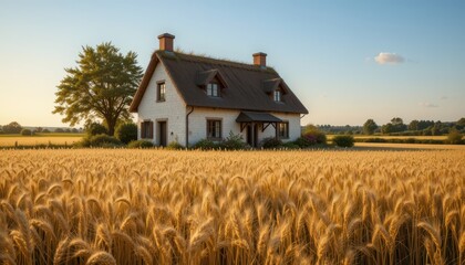 Charming Cottage Surrounded by Golden Wheat Field during Sunset