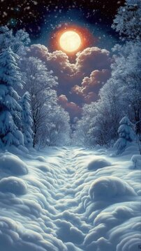Winter Night Scene Under Full Moon with Snowy Pathway and Glowing Frost in the Forest