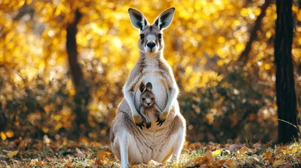 Fototapete Mother kangaroo holding her joey in a pouch, autumnal background with golden leaves. © STK