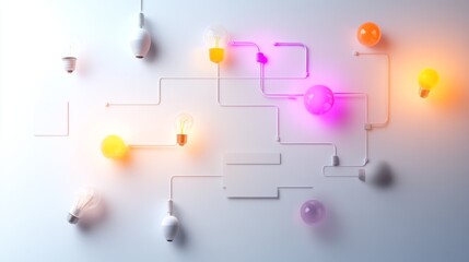 Abstract design of colorful light bulbs connected by lines on a white background