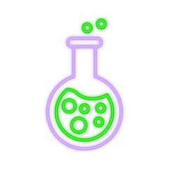 A neon illustration of a bubbling chemistry flask with green liquid and fumes, symbolizing science, experiments, laboratory research, and innovation