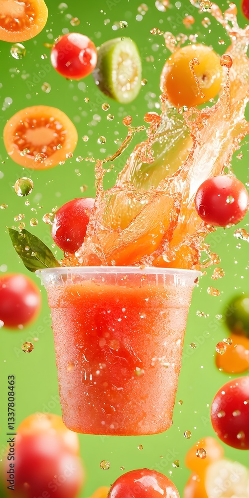 Poster refreshing fruit splash with tomatoes and citrus on green background