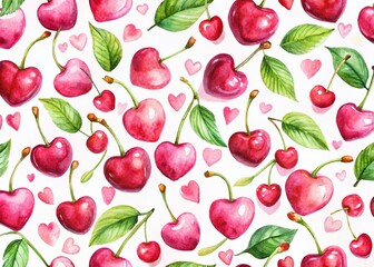Romantic Watercolor Cherry & Heart Valentine's Day Pattern - Macro Photography