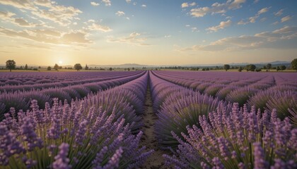 Obraz premium Serene Lavender Field Under Expansive Sky at Sunset Horizon