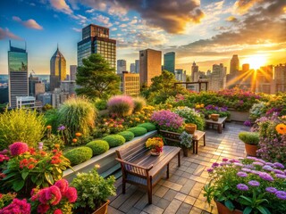 Fototapeta premium Rooftop Garden Oasis: Urban Serenity and Elevated Greenery