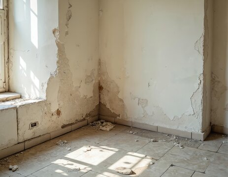 Corner of room needs renovation. Plaster coming off walls due to water damage. Old cracked floor tiles, broken skirting board. House is in disrepair, demands modernization and restoration.