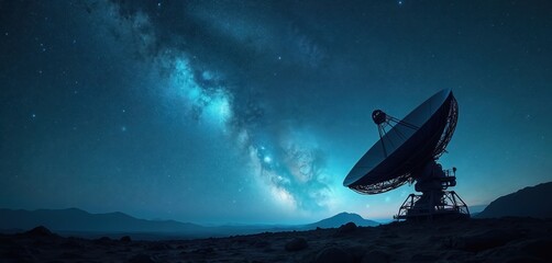 Satellite dish receives cosmic signals, stands among starry expanse of universe. Antennae with night sky full of stars. Space communication tech. Ground-based astronomical observatory explores galaxy.