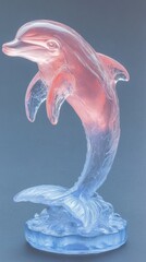 Pink and clear glass dolphin figurine leaping from light blue wave base, studio shot against gray background.