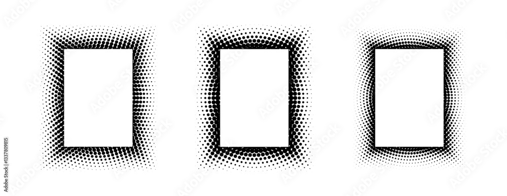 Poster black halftone rectangle frame set. dotted gradient border collection. pop art comic dots picture ho