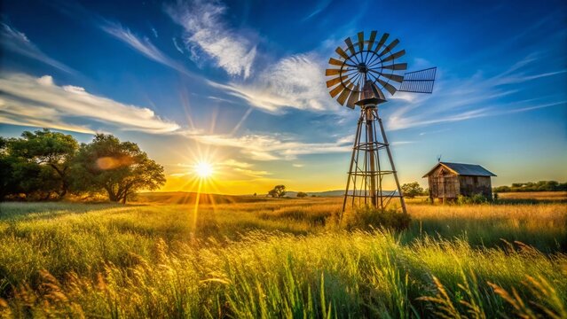 Rustic Antique Aermotor Windmill on a Sunny Day - Rural Landscape Stock Photo