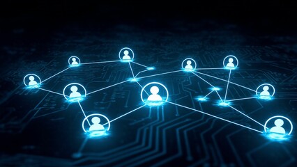 Abstract digital network connecting people icons with glowing lines on a dark blue background illustrating social connections.